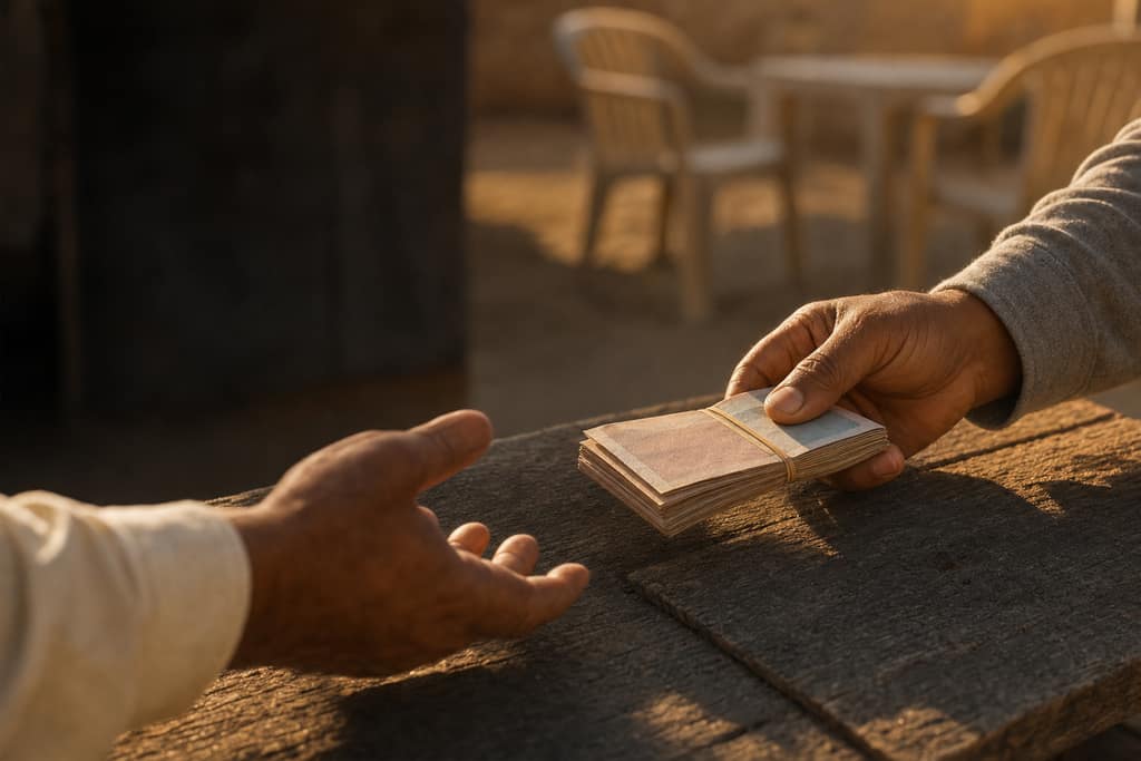 Close-up of one hand offering a bundle of banknotes across a table to another hand, crossed out with a large red X and stamped 'not for sale'.